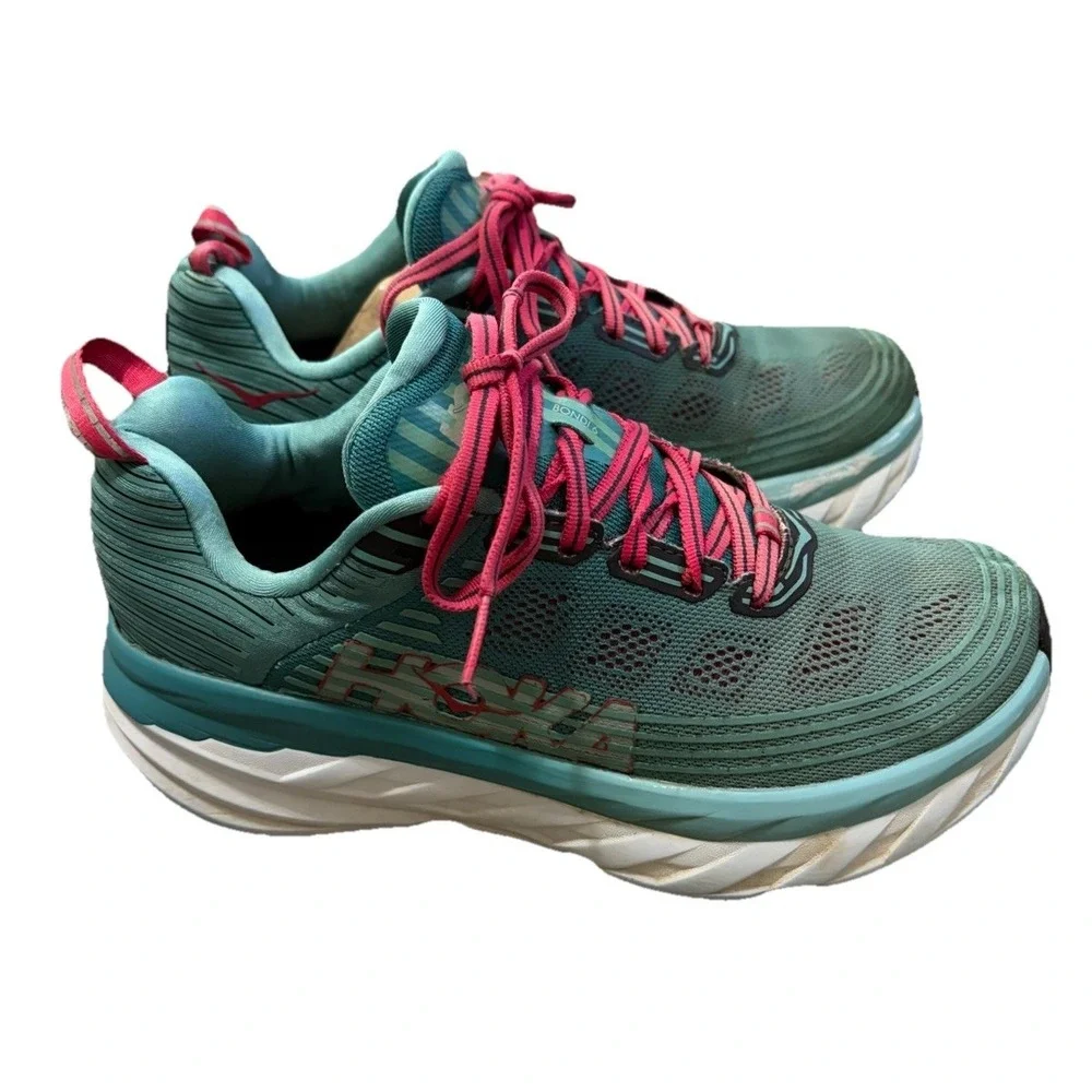 HOKA One One Bondi 6 Running Shoes Teal Pink Womens Size 8 Cushioned